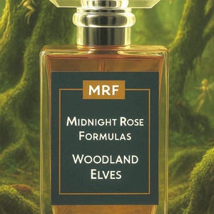 May include: A perfume bottle with a clear, geometric top and a dark label. The label reads "MRF Midnight Rose Formulas Woodland Elves." The bottle contains a golden-brown liquid. The background features a green, mossy forest with small fairy figures.