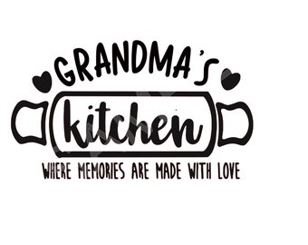 May include: Black and white graphic design with the text "Grandma's Kitchen" and "Where memories are made with love". The text is stylized to look like a rolling pin.