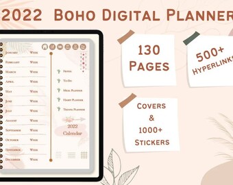 May include: A digital planner with a boho theme. The planner has 130 pages, 500+ hyperlinks, and 1000+ stickers. The planner includes a 2022 calendar, notes, to-do lists, meal planner, habit planner, and travel planner.