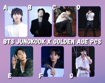 May include: A collage of seven photos of a young man with dark hair. The photos show him in different outfits and poses. The photos are labeled with letters A through G. The text "BTS JUNGKOOK X GOLDEN AGE PCS" is at the bottom of the collage.
