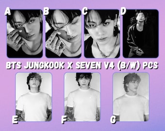 May include: A set of black and white photo cards featuring a man with long hair. The cards are labeled with letters A through G. The text "BTS JUNGKOOK X SEVEN V4 (B/W) PCS" is printed below the cards.