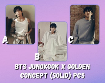 May include: Three photos of a man wearing different outfits. The first photo shows the man wearing a white tank top and a gray jacket. The second photo shows the man wearing a white shirt and a white jacket. The third photo shows the man wearing a gray sweatshirt. The text "BTS JUNGKOOK X GOLDEN CONCEPT (SOLID) PCS" is at the bottom of the image.