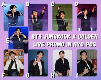 May include: A collage of nine photos featuring a Korean pop singer performing on stage and in a studio setting. The photos are labeled with letters A through I. The text "BTS JUNGKOOK X GOLDEN LIVE PROMO IN NYC PCS" is displayed in the center of the collage.