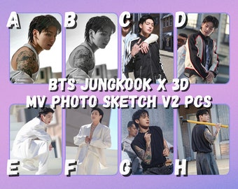 May include: A collage of eight photos featuring a K-pop idol. The photos are arranged in a grid with letters A through H labeling each photo. The photos show the idol in different poses and outfits. The text "BTS JUNGKOOK X 3D MV PHOTO SKETCH V2 PCS" is displayed in the center of the collage.