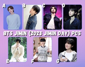 May include: A collage of seven photos of a young man with dark hair. The photos show him in different outfits and poses. The photos are labeled with letters A through G. The text "BTS JIMIN (2023 JIMIN DAY) PCS" is at the top of the collage.