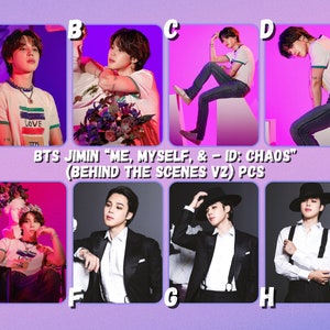 May include: A set of eight photo cards featuring a South Korean pop singer. The photos show the singer in various poses and outfits, including a white t-shirt with a graphic print, a black suit, and a white shirt with braces. The photos are set against a variety of backgrounds, including a pink and purple gradient, a floral arrangement, and a grey background.