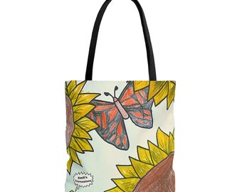 Summer Tote, Sunflower Bag, Beach Bag, Summer Accessories, Overnight Bag, Weekend Getaway, Butterfly, AOP Tote Bag