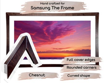 Decoration wooden TV frame for Samsung The Frame, TV bezel with rounded edges and curved shape, modern living room decor.