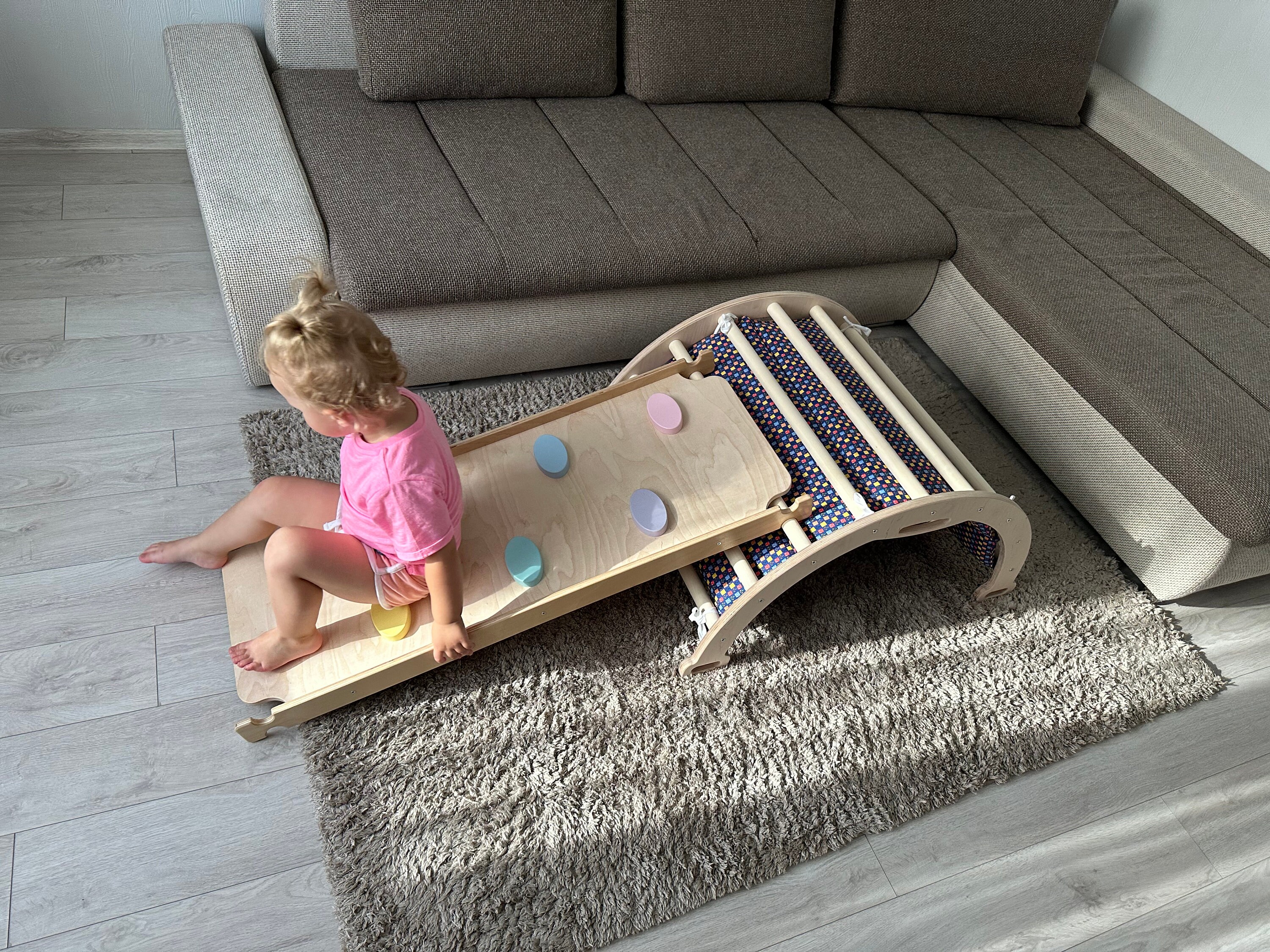 Lischwert Montessori - Set da arrampicata 7 in 1 e arco di equilibrio in legno con cuscino