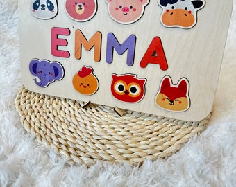 Personalized Wooden Name Puzzle: Baby Animal Theme, First Birthday Gift