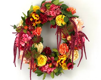 Rose and Hydrangea Wreath, Apple Wreaths for Front Door, Peach Peony Wreath, Summer Wreaths for Front Door Large