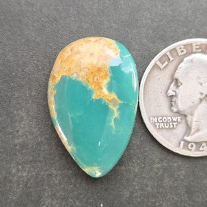 May include: A teardrop-shaped turquoise gemstone with a smooth, polished surface featuring a vibrant teal color and a prominent tan matrix pattern, positioned next to a United States quarter coin for scale to show its relative size.