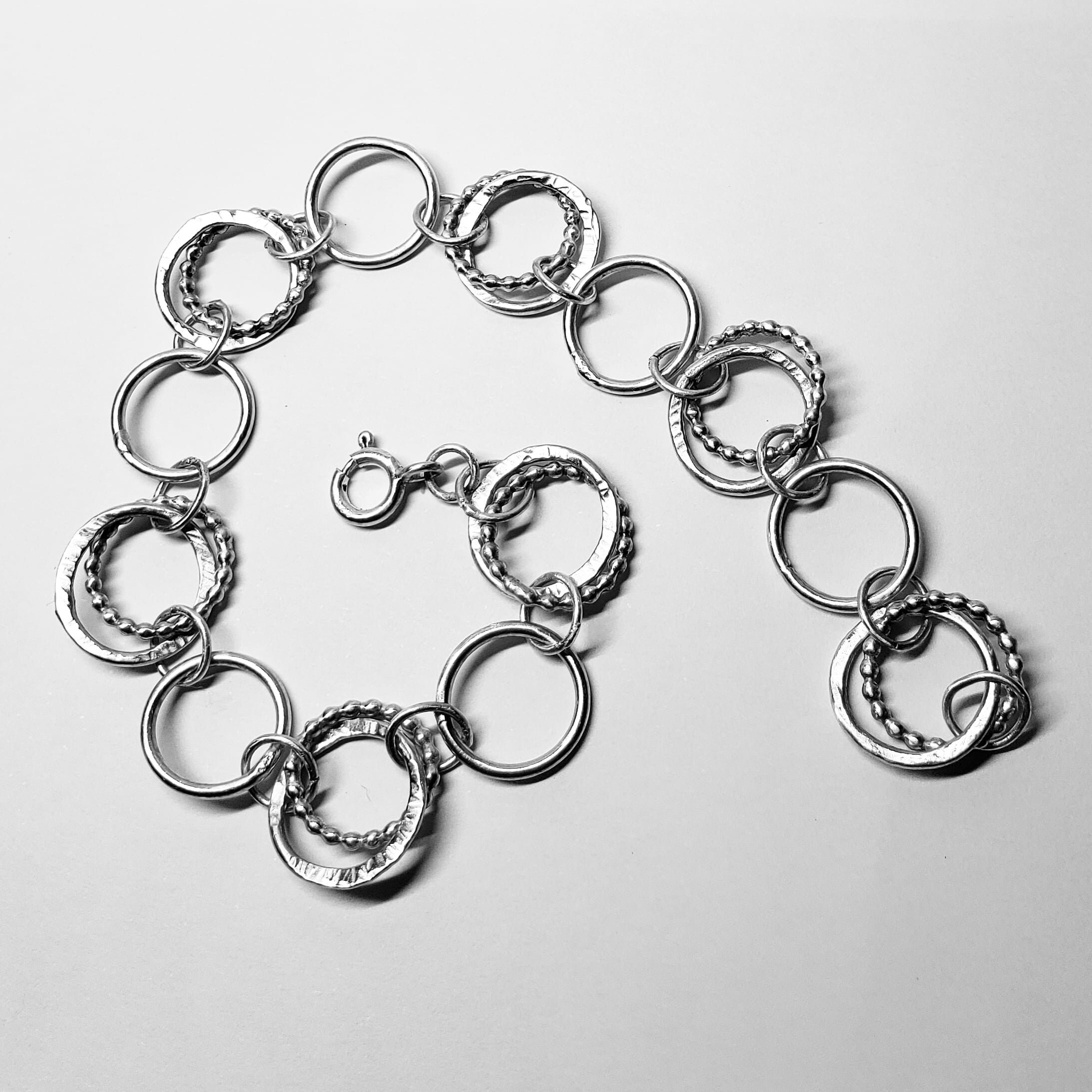 Silver Handmade Textured Chain Link Bracelet Chainmail Hammered and