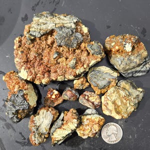 May include: A collection of raw mineral specimens featuring a mix of rusty orange, tan, and metallic dark gray textures. The stones vary in size and shape, with a 1943 United States quarter coin placed in the lower right for scale reference.