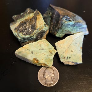 May include: Four pieces of turquoise rough, ranging in size from a quarter to a dollar bill, with a green and black color pattern. The turquoise is next to a 1943 US quarter.