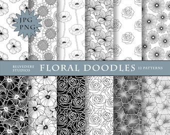 Pakiet papieru cyfrowego Floral Doodles, czarno-biały (PNG, JPEG)
