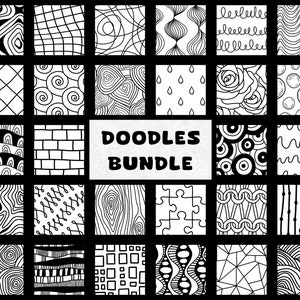 Black & White Digital Paper Doodles Bundle, Hand Drawn Seamless Patterns, Zen Doodles, Floral Doodles, Simple Lines Designs, Commercial Use