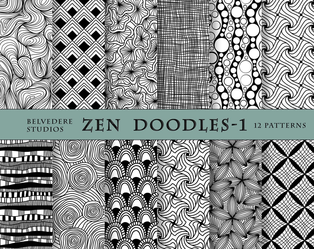 Digital Papers, Black & White Digital Paper, Hand Drawn Digital Patterns, Doodles Patterns