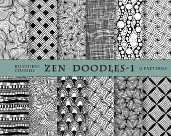 Pakiet papieru cyfrowego Zen Doodles, ręcznie rysowane czarno-białe wzory (do pobrania w wersji cyfrowej)