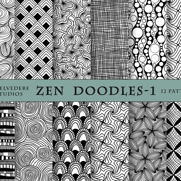 Digital Papers, Black & White Digital Paper, Hand Drawn Digital Patterns, Doodles Patterns, Commercial Use, Zentangles