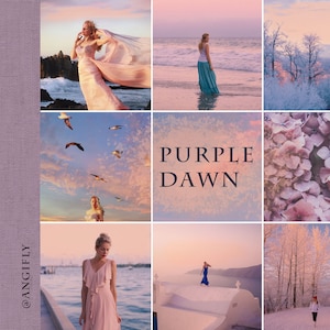 Puede incluir: Un collage de imágenes que muestran un paquete de ajustes preestablecidos para móviles llamado "Purple Dawn". Las imágenes presentan una variedad de escenas con una paleta de colores púrpura y rosa, incluyendo una mujer con un vestido blanco, una mujer con un vestido azul, un bosque nevado y un campo de flores.