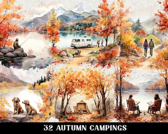 Watercolor Autumn Camping Clipart, Fall Landscape PNG (Digital Download)