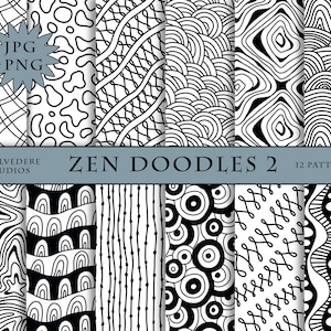 May include: Twelve black and white digital paper patterns with abstract geometric designs. The patterns are labeled "Zen Doodles 2".