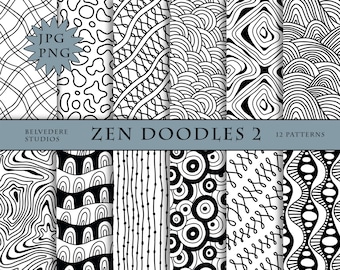 Black & White Doodle Digital Paper Pack, Seamless Zentangle Patterns (JPEG, PNG)