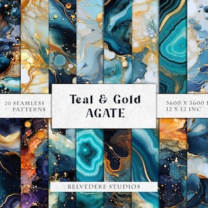 Agate Digital Paper, Turquoise and Gold Agate, Geode Designs, Teal and Gold Agate Textures, Printable Geode Digital Scrapbook Paper