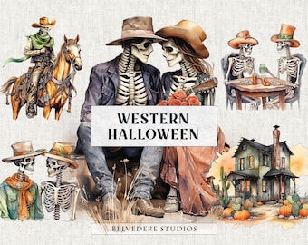 Watercolor Western Halloween Clipart, Cowboy Skeletons (PNG)