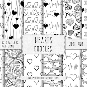 Papel digital del día de San Valentín, fondos románticos, diseño de corazones, papel de San Valentín imprimible, garabatos en blanco y negro, garabatos de corazones