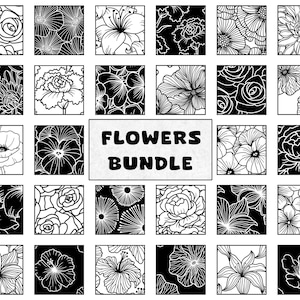 Black & White Digital Paper Flowers Bundle, Hand Drawn Seamless Patterns, Floral Doodles,  Simple Lines Designs, Commercial Use
