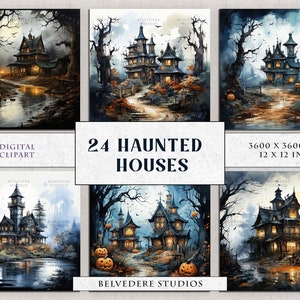 Haunted Houses Clipart, Halloween Watercolor Witch Houses Clipart, Haunted Mansion Clipart, Spooky Houses, Halloween Landscape Digital Paper