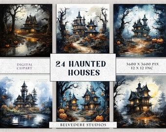 Watercolor Haunted Houses Clipart, Spooky Halloween Landscape (Digital Paper)