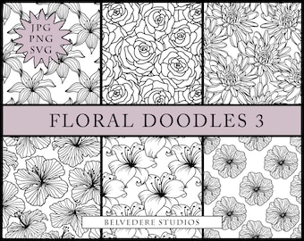 Digitalt papper med blommig klotter, svartvit blomma SVG PNG JPEG (digital nedladdning)