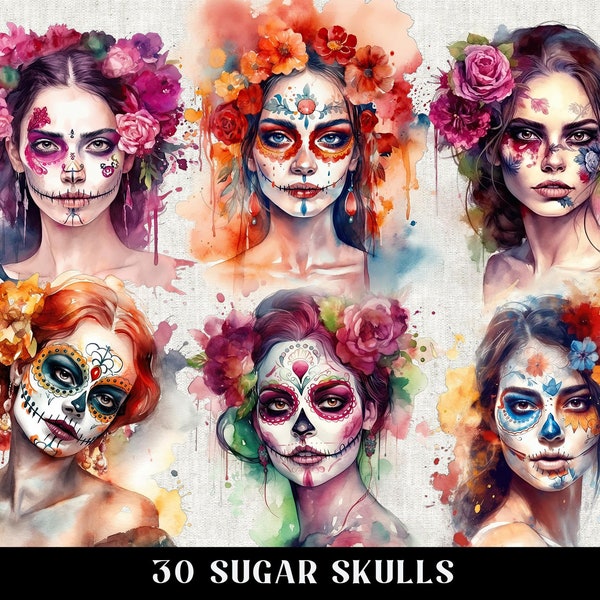 Sugar Skull Women Watercolor PNG Clipart, Dia de los Muertos Clipart, Calavera Catrina Women Clipart, Day of the Dead PNG bundle, Skulls