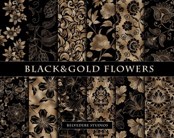 Black and Gold Floral Digital Paper Pack (Digital Download)