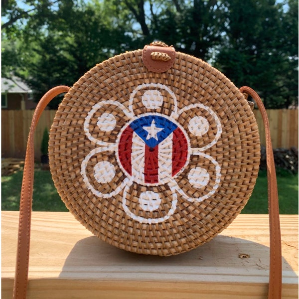 Handpainted Taino Sun/Puerto Rican Flag Crossbody Bag