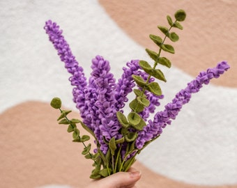 Lavender and Eucalyptus Felt Flower Bouquet - Handmade Felted Floral Bouquets, Cottage Core Sustainable Fake Flowers for Weddings, Decor