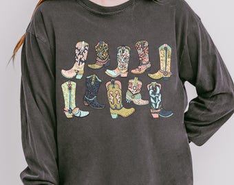 Comfort Colors® Cowgirl Boots Long Sleeve Shirt, Retro Western Shirt, Cowgirl Shirt, Country Girl Shirt, Rodeo Shirt