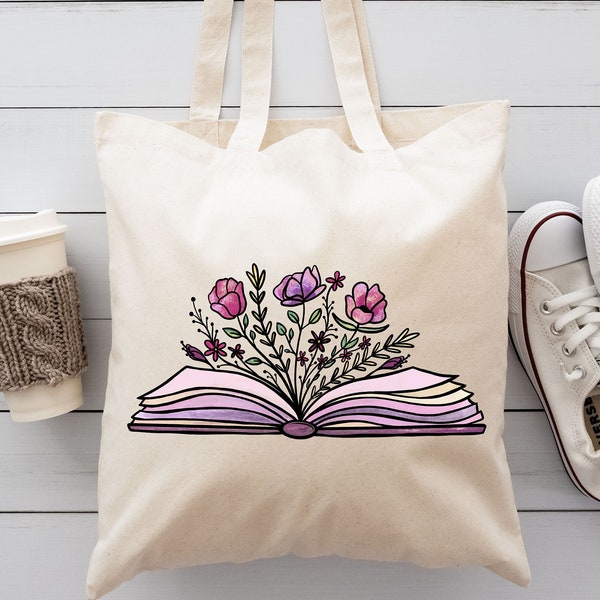 Purple Flower Book Tote Bag / Canvas Tote Bag / Library Tote Bag / Teacher Tote Bag / Natural Tote Bag