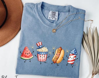 4th of July Doodles Shirt, Patriotic Kids Shirt, Funny Independence Shirt, USA Celebration Shirt, Comfort Colors® Hot Dog Watermelon Shirt