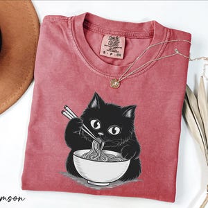 a red t-shirt with a black cat graphic, holding chopsticks and eating noodles, accompanied by a brown hat and some dried leaves.