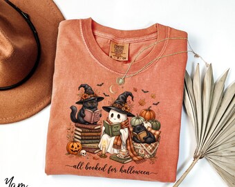 All Booked For Halloween Shirt, Halloween Reading Shirt, Bookish Halloween Tee, Comfort Colors® Reader Ghost Shirt, Black Cat Shirt