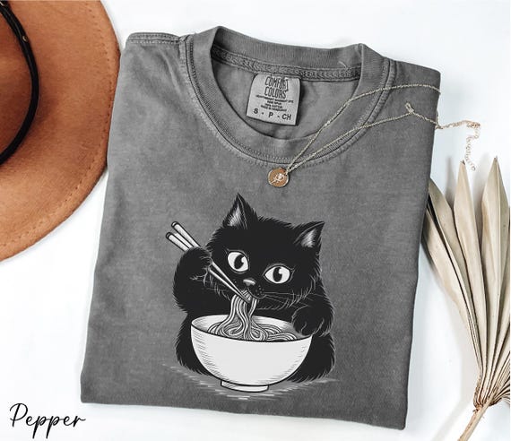 Comfort Colors® Ramen Cat Shirt, Black Cat Eating Noodle Shirt, Cat Lover Gift, Anime Cat Shirt, Foodie Shirt, Vintage Cat Shirt
