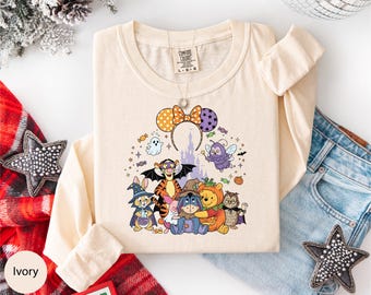 Pooh and Friends Halloween Long Sleeve, Winnie The Pooh Halloween Gift, Cute Pooh and Co Tee, Comfort Colors® Disney Halloween Party Tee
