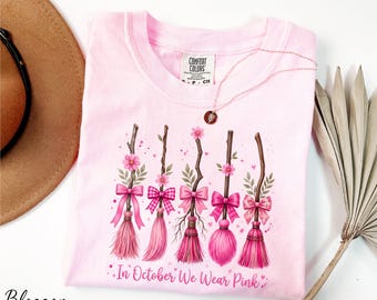In October We Wear Pink Shirt, Halloween Shirt, Comfort Colors®Breast Cancer Awareness Shirt, Support Team Shirt, Witch Vibes Shirt