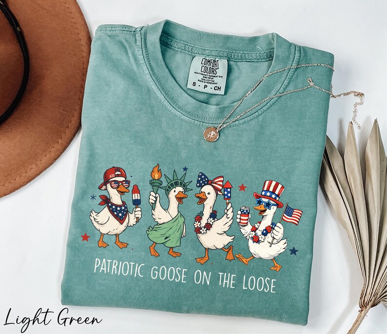 A light green t-shirt with a patriotic goose design and the text "Patriotic Goose on the Loose" printed on it, along with a necklace and a brown hat.