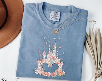 Comfort Colors® Floral Magic Kingdom Shirt, Mickey Head Shirt, Mickey Balloons, Magical Castle Tee, Disneyland Vacation Shirt, Disney Shirt