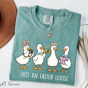 May include: Light green t-shirt featuring the text "JUST AN EASTER GOOSE" and a cartoon illustration of four geese. The geese are adorned with accessories such as bunny ears, flower crowns, and bow ties. One goose holds a camera, another a trumpet, and another a gift.